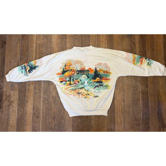VTG 90s Lifestyles Crew Sweatshirt AOP Fall Scene Deer All Over Print Glitter - Picture 4 of 5